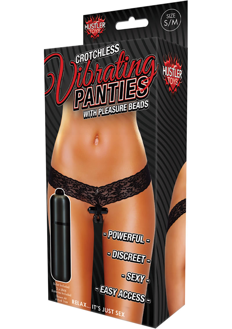 Hustler Toys Crotchless Vibrating Panties With Pleasure Beads Black Medium/Large