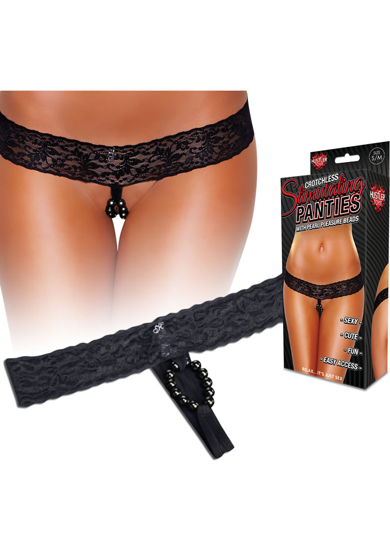 Hustler Toys Crotchless Stimulating Panties With Pearl Pleasure Beads Black Medium/Large