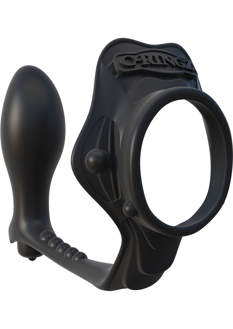 Fantasy C Ringz Rock Hard Ass Gasm Vibrating Silicone Cockring With Prostate Plug Waterproof Black
