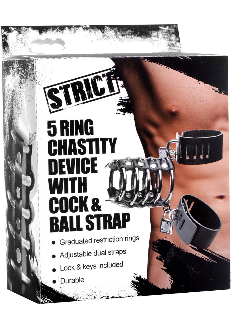 Strict 5 Ring Chastity Device With Cock And Ball Strap Metal