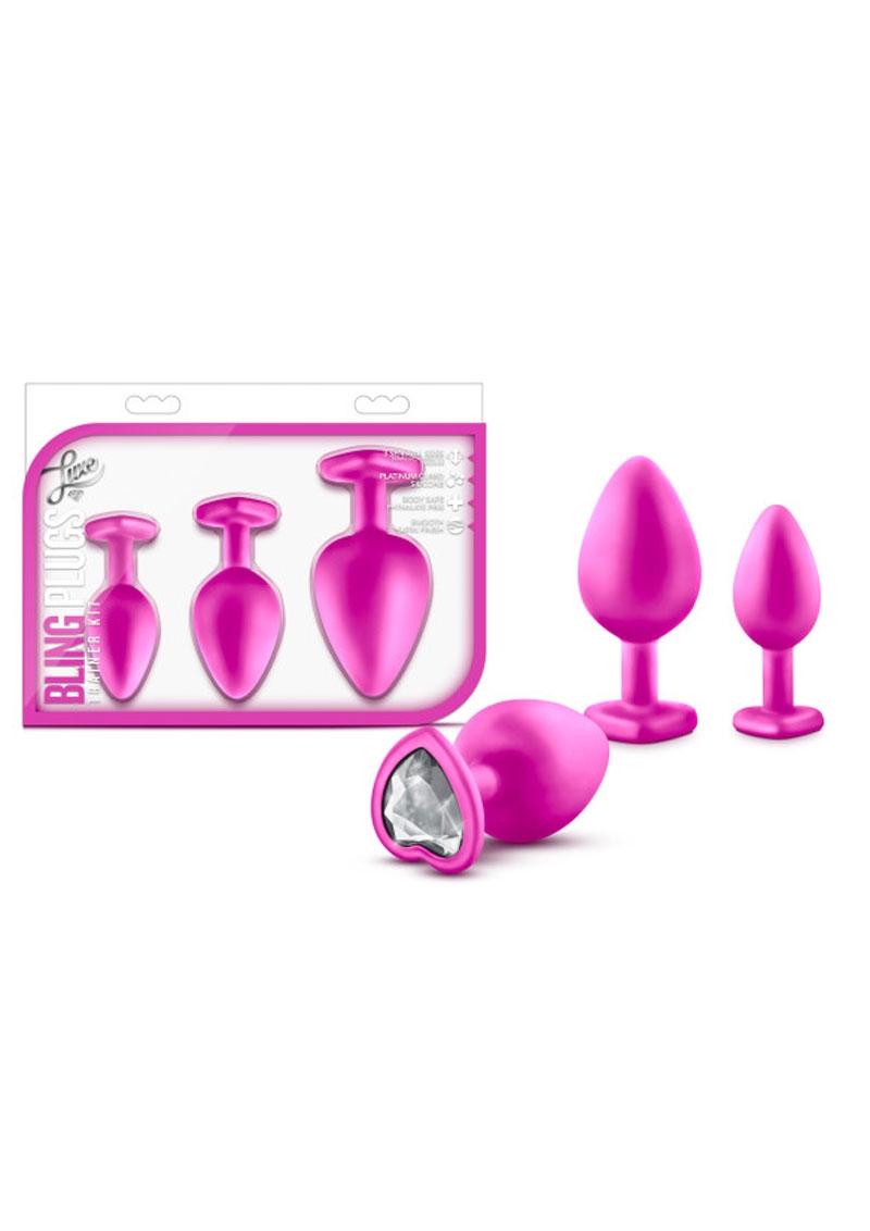 Luxe Bling Silicone Anal Plugs Trainer Kit Pink With White Gems