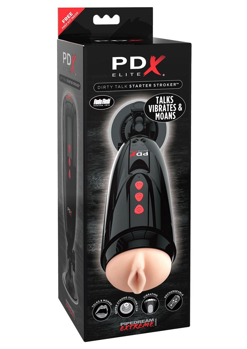 PDX Elite Dirty Talk Starter Stroker Interactive Vibrating Pussy Masturbator Flesh 7 Inch
