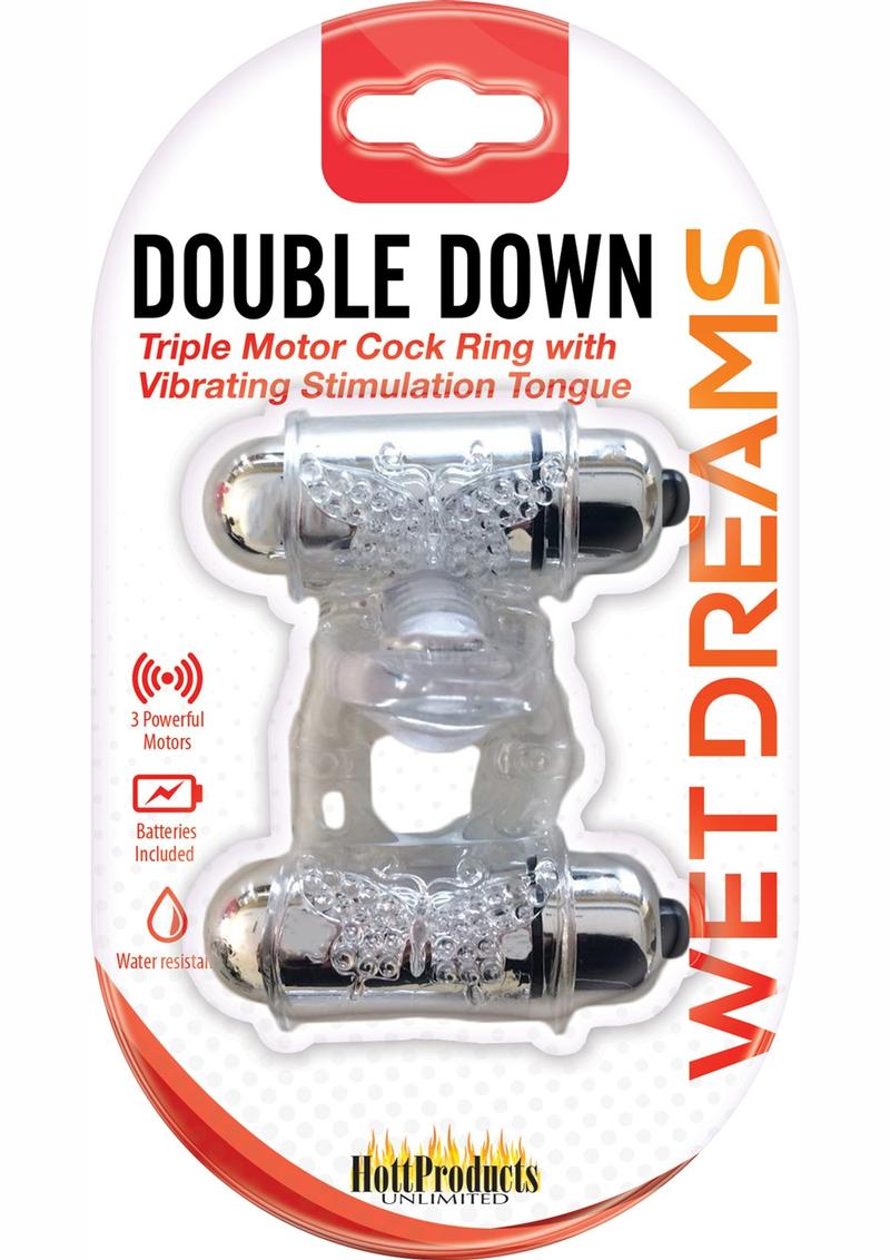 Wet Dreams Double Down Triple Motor Cockring With Vibrating Stimulating Tongue Waterproof Clear
