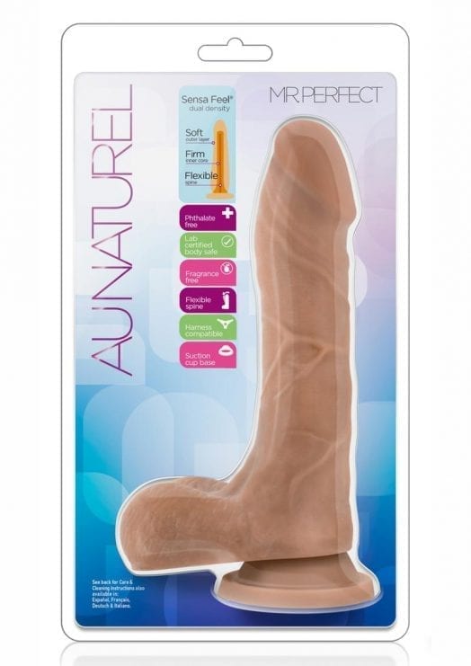 Au Natural Mr. Perfect Dual Dense Realistic Dildo With Balls Suction Base Mocha 8.5 Inches