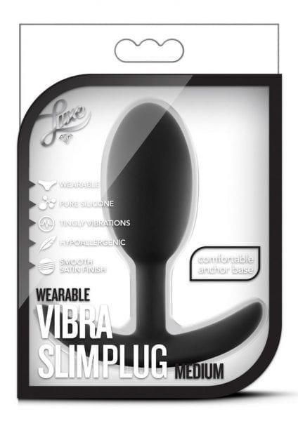 Luxe Wearable Vibra Slim Plug Silicone Medium Black 4 Inches