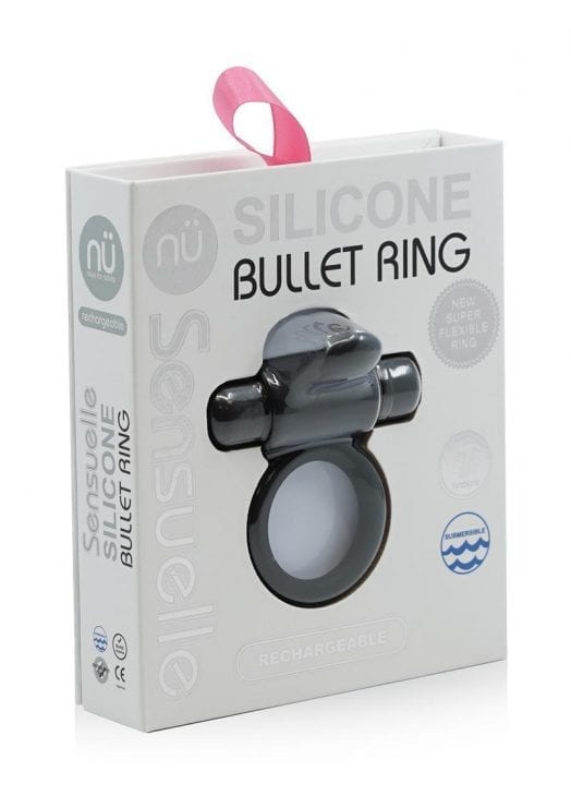 Sensuelle Silicone Bullet Ring With Clit Stimulator Rechargeable Multi Speed Black