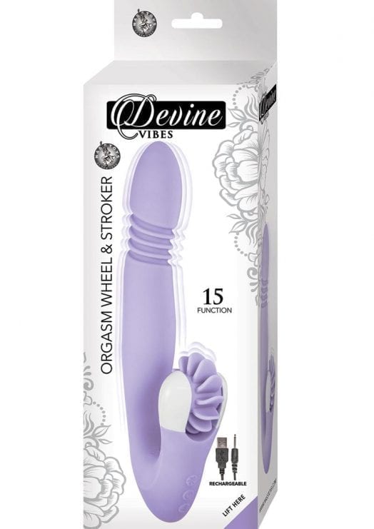 Devine Vibes Orgasm Wheel and Stroker USB Rechargeable Silicone Dual Vibe Waterproof Purple 9.5 Inches