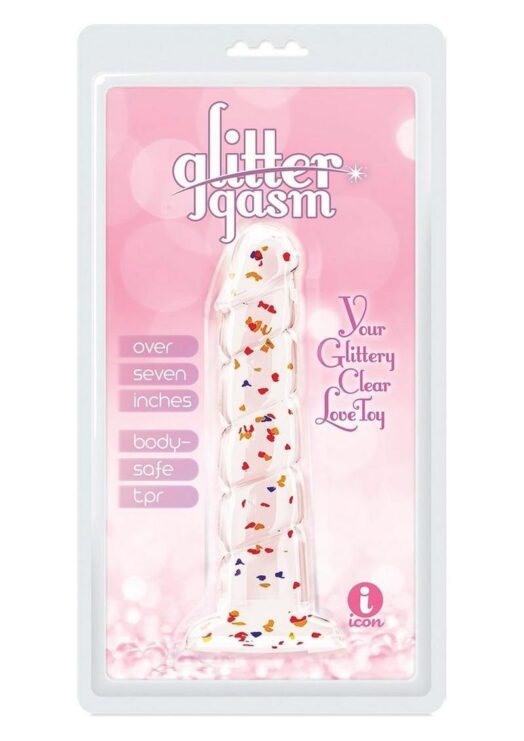 Glittergasm Swirl Clear Dildo with Suction Cup - Orange/Red/Golden Glitter