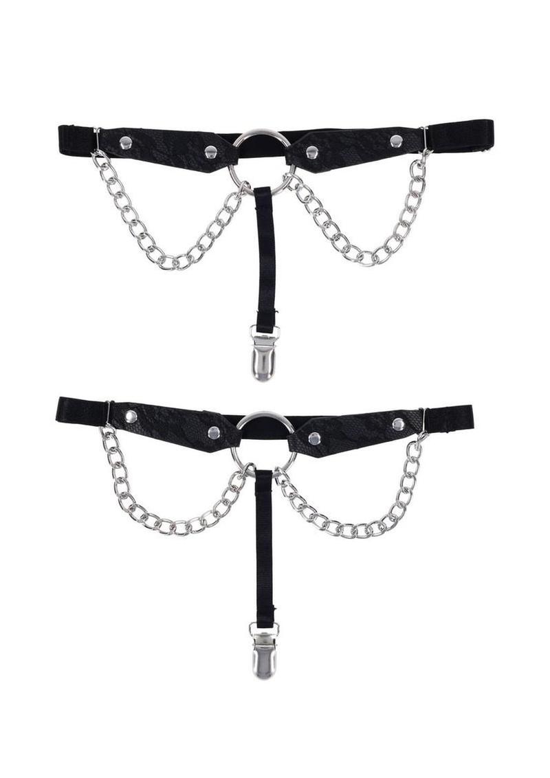 Sex and Mischief Chain Lace Garters – Black/Silver