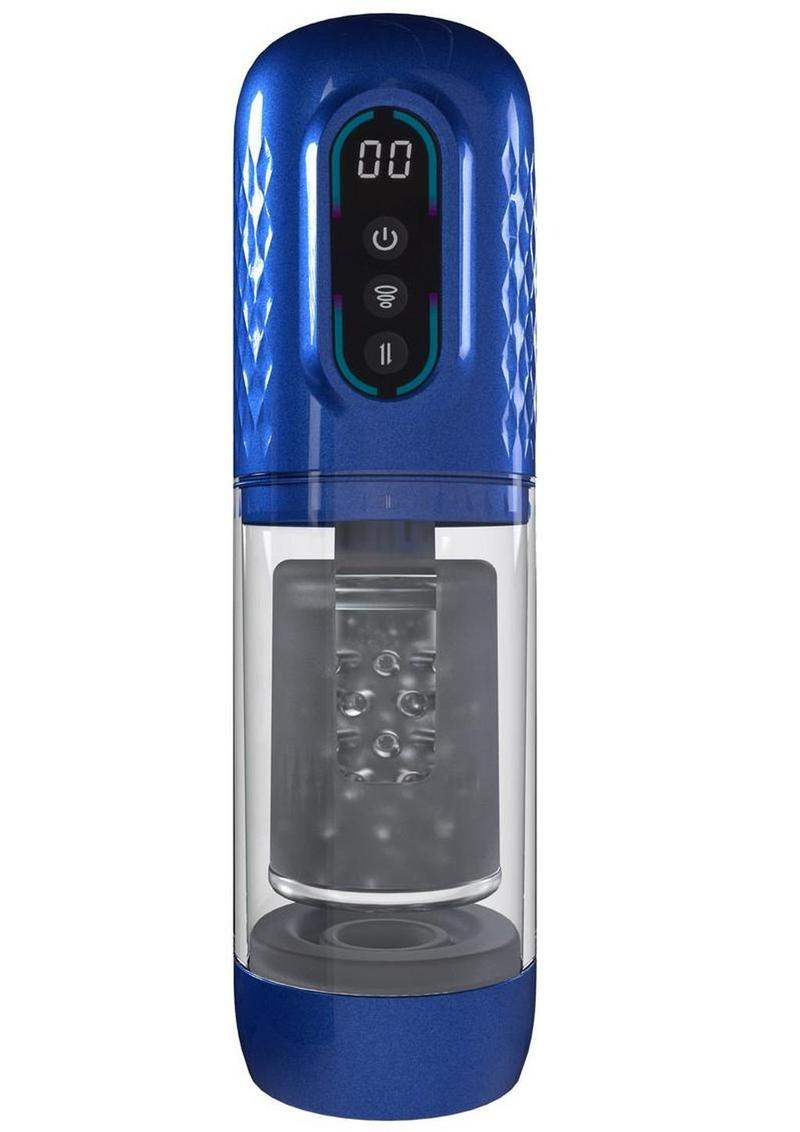 Pumped Vortex Multi Function Suction Rotating Thrusting Rechargeable Masturbator – Metallic Blue