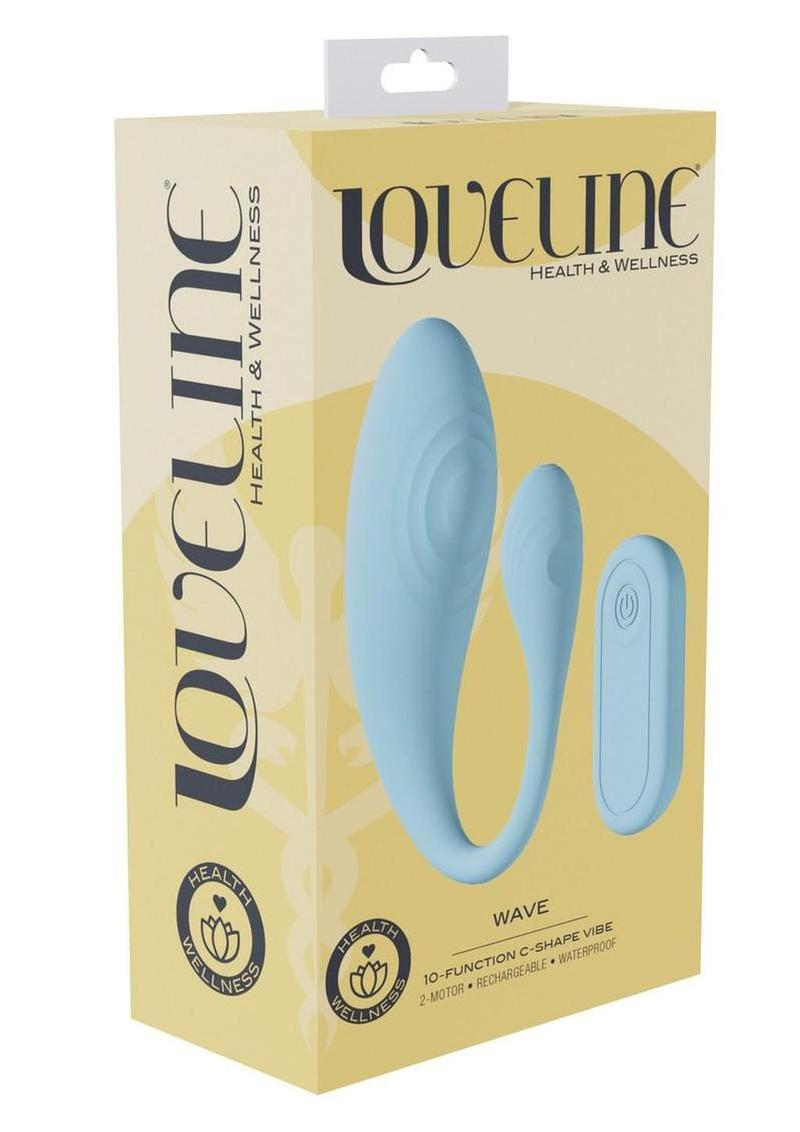 Loveline Wave C-shape 10 Function Rechargeable Silicone Vibrator with Remote Control - Blue