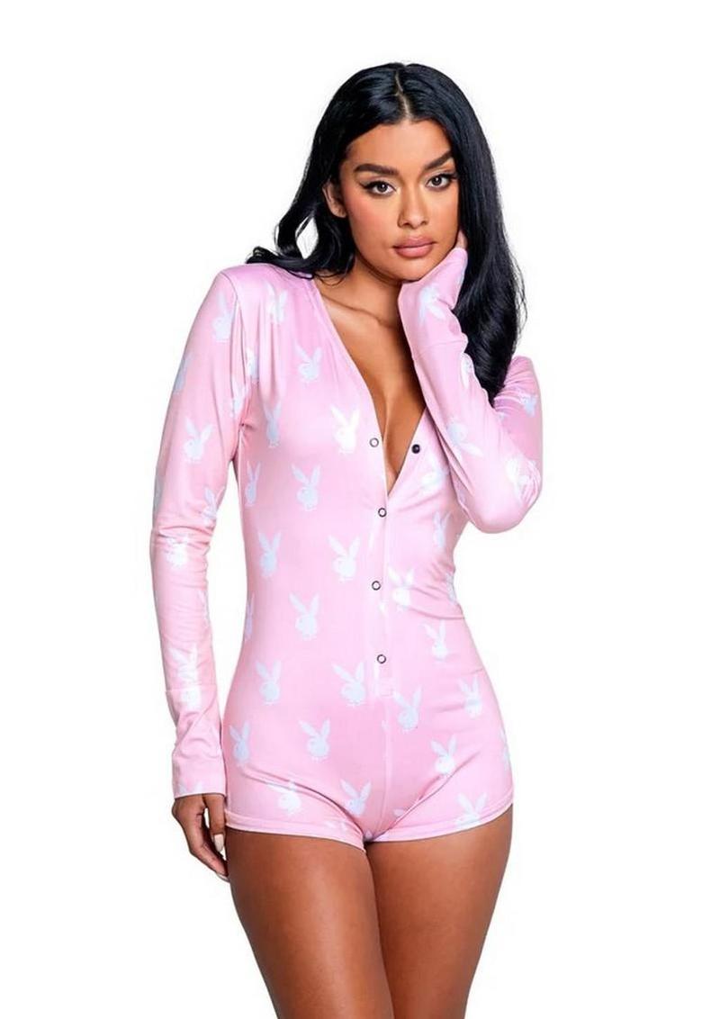 Playboy Slumber Bunny Romper - Large/XLarge - Pink/White