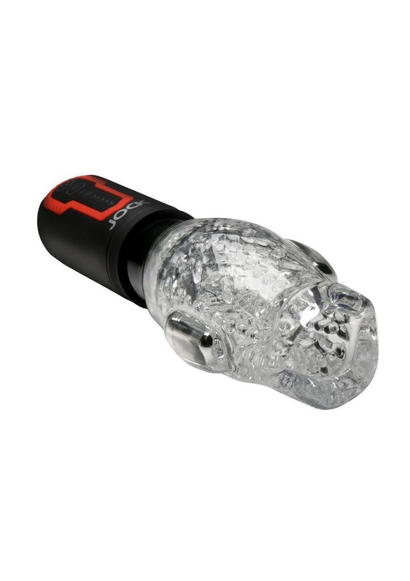 JOCK Spinning and Thrusting Rechargeable Masturbator with 2 Bullets – Mouth – Black/Clear