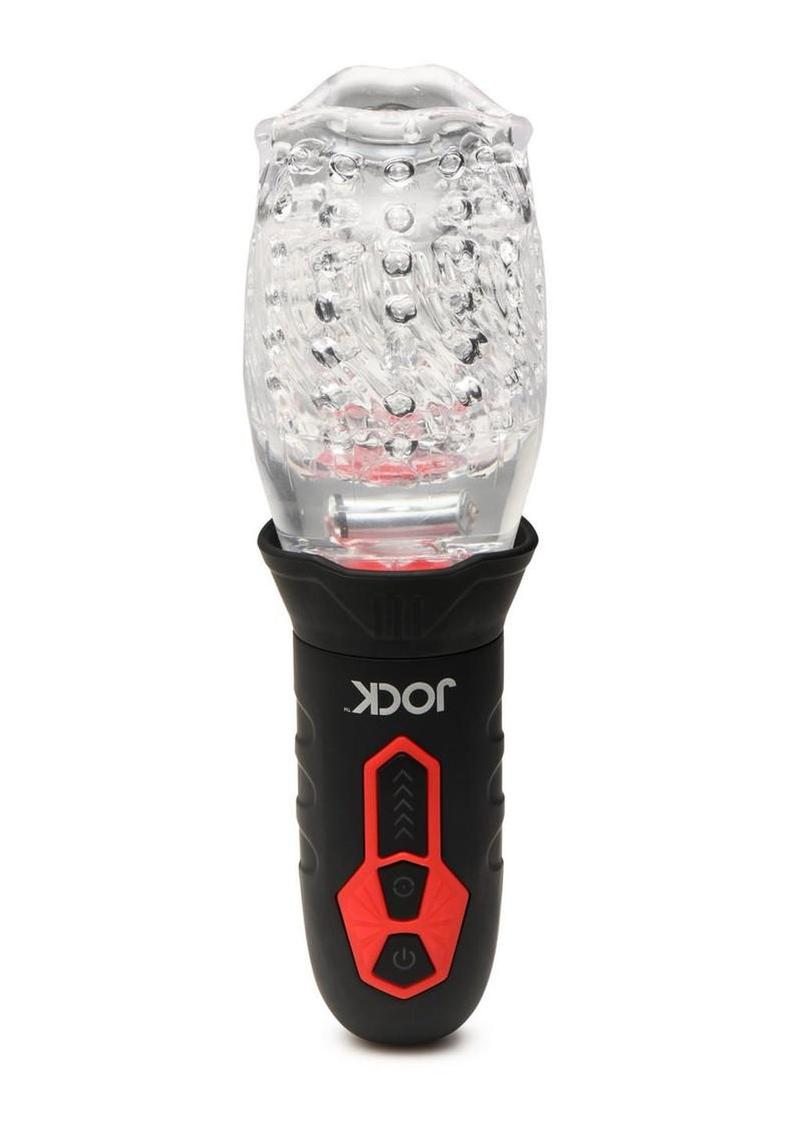 JOCK Spinning and Vibrating Rechargeable Masturbator – Mouth – Black/Clear