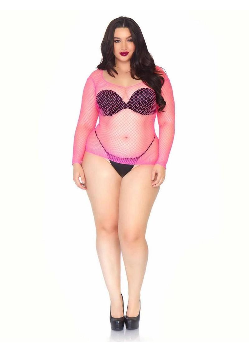 Leg Avenue Spandex Long Sleeved Industrial Net Shirt – Neon Pink – 1X-2X
