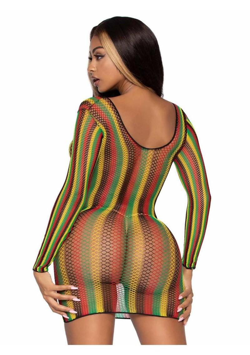 Leg Avenue Rasta Net Long Sleeved Mini Dress – Multicolor – O/S