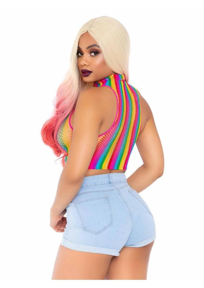 Leg Avenue Rainbow Net High Neck Crop Top – O/S