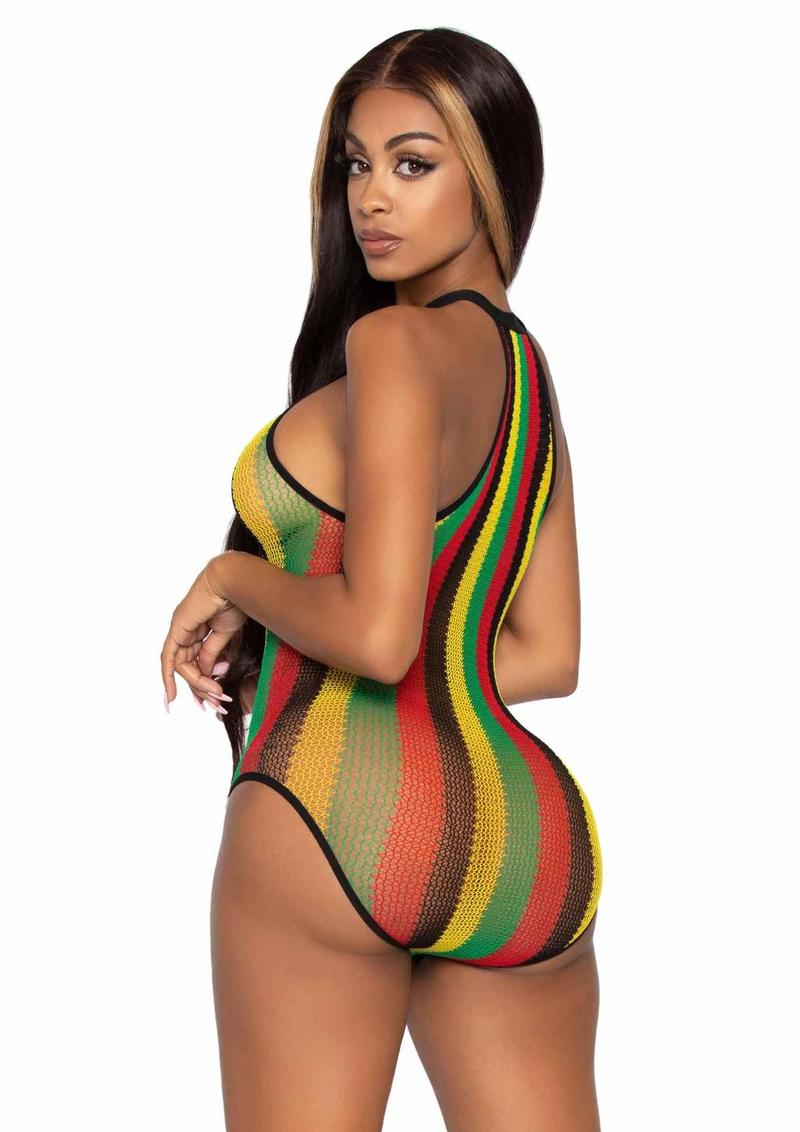 Leg Avenue Rasta Net Snap Crotch Racer Back Bodysuit – Multicolor – O/S