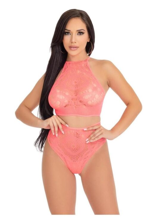 Leg Avenue Crochet Lace Halter Crop Top with Strappy Back Detail and High Waist Thong Panties (2 Piece) - Orange - Small/Medium