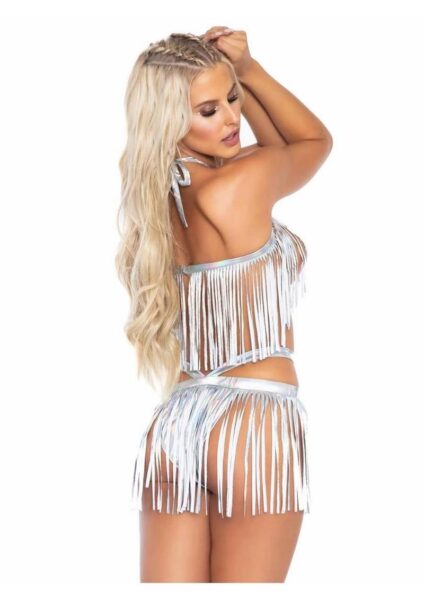 Leg Avenue Fringe Halter Top and Matching Bikini Bottoms (2 Piece) - Silver - Medium/Large