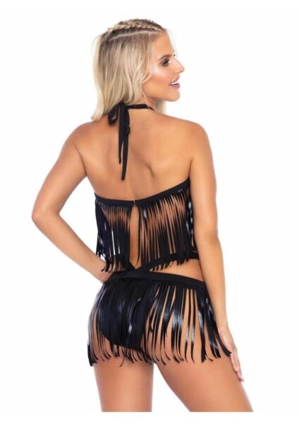 Leg Avenue Fringe Halter Top and Matching Bikini Bottoms (2 Piece) - Black - Medium/Large