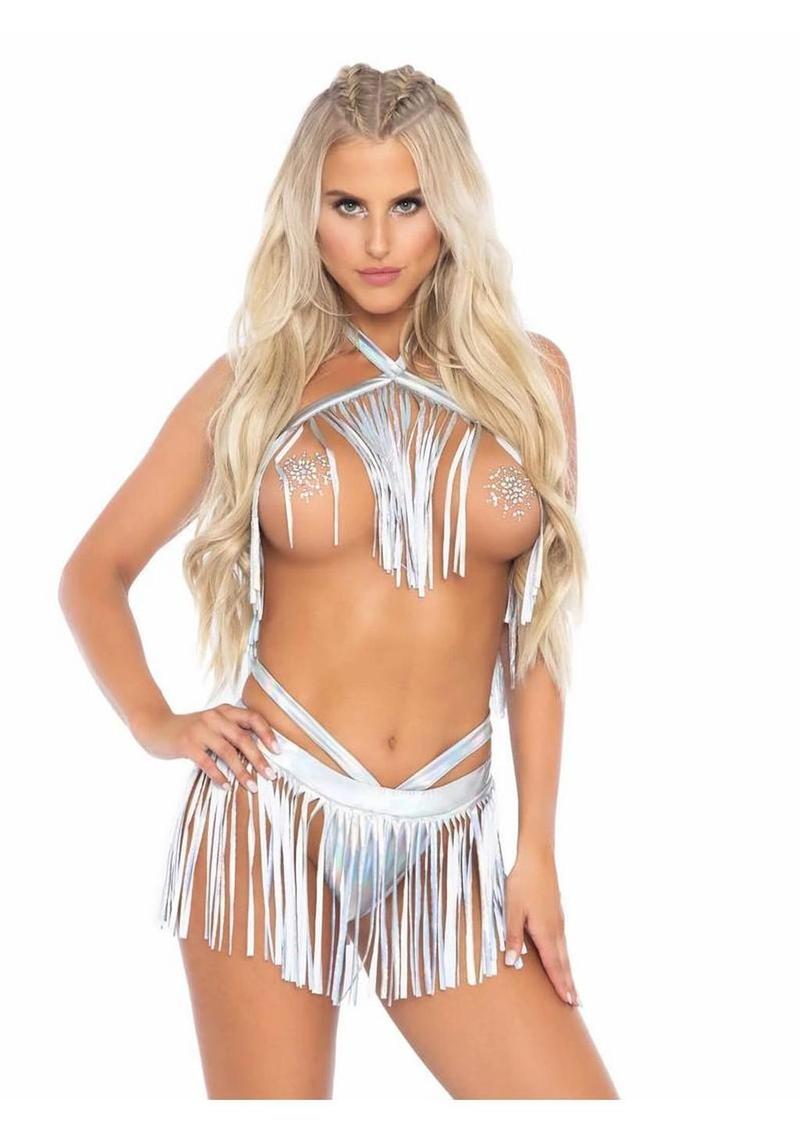 Leg Avenue Fringe Halter Top and Matching Bikini Bottoms (2 Piece) - Silver - Small/Medium