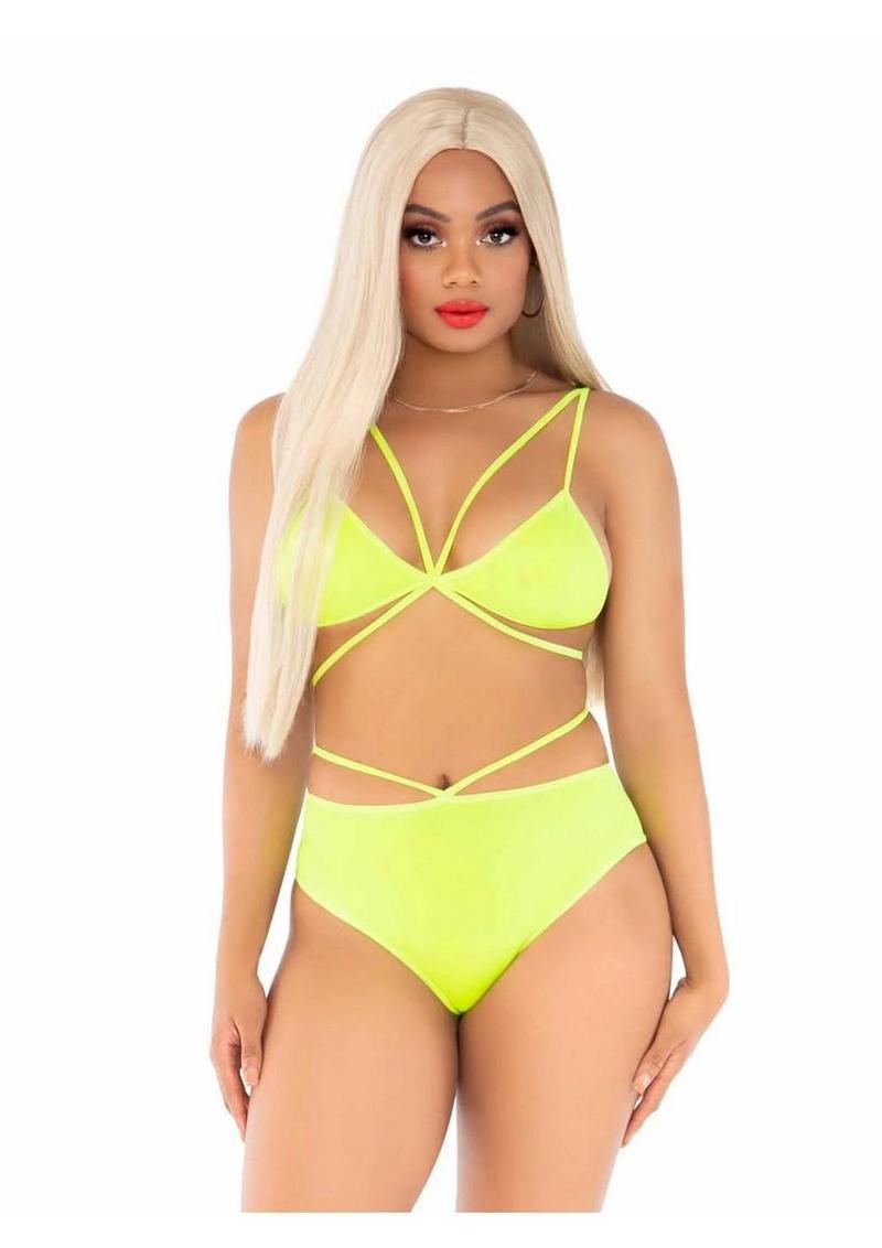 Leg Avenue Opaque Cage Strap Bra Top and Brazilian Briefs - Yellow - O/S