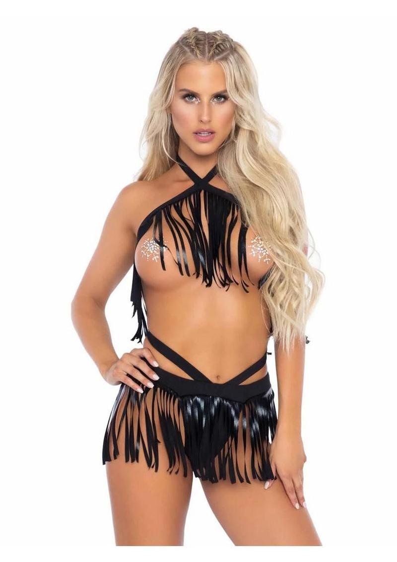 Leg Avenue Fringe Halter Top and Matching Bikini Bottoms (2 Piece) - Black - Small/Medium
