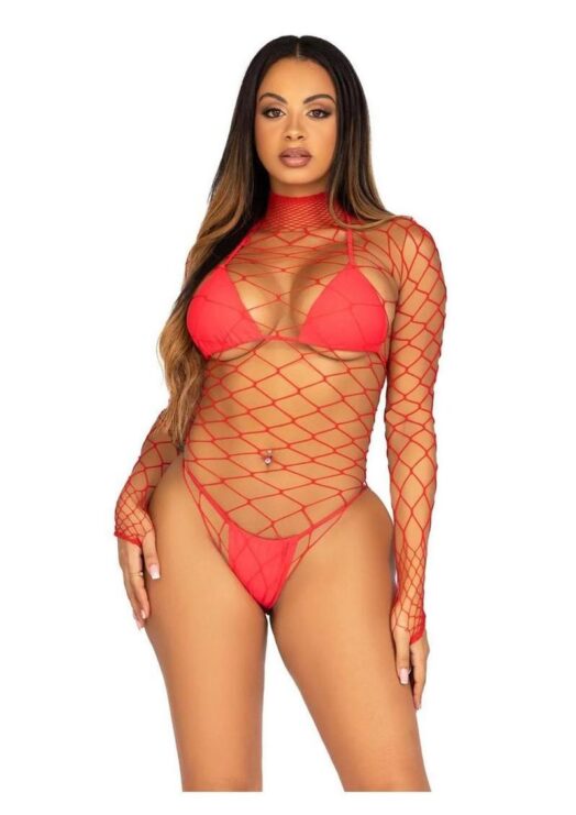 Leg Avenue Fence Net Snap Crotch Long Sleeved Bodysuit - O/S - Red