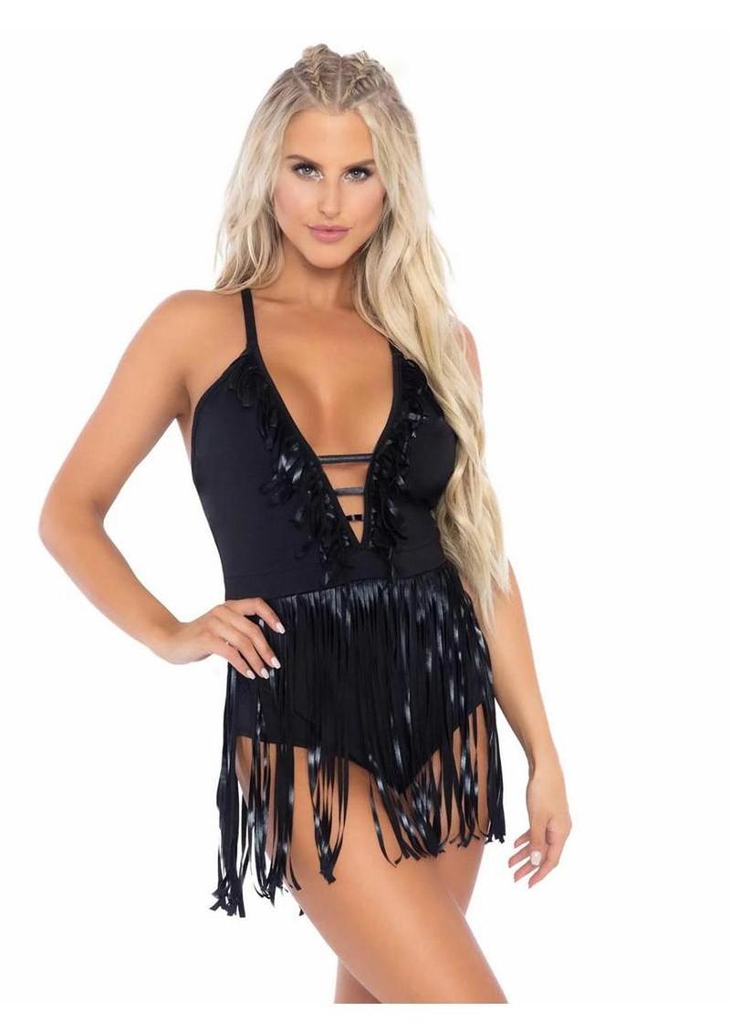 Leg Avenue Fringe Halter Bodysuit - Small/Medium - Black