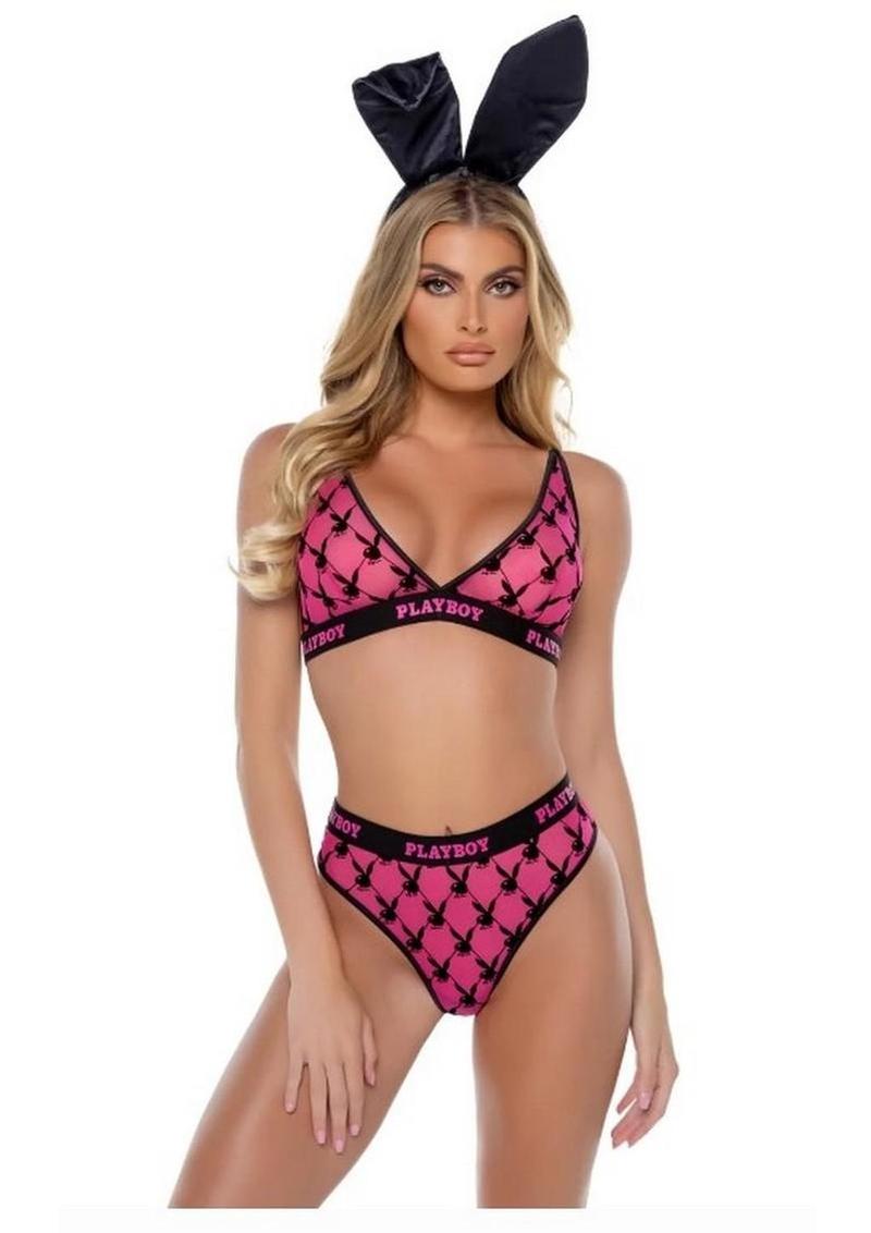 Playboy Flocked Bunny Bra Set - XLarge - Pink/Black