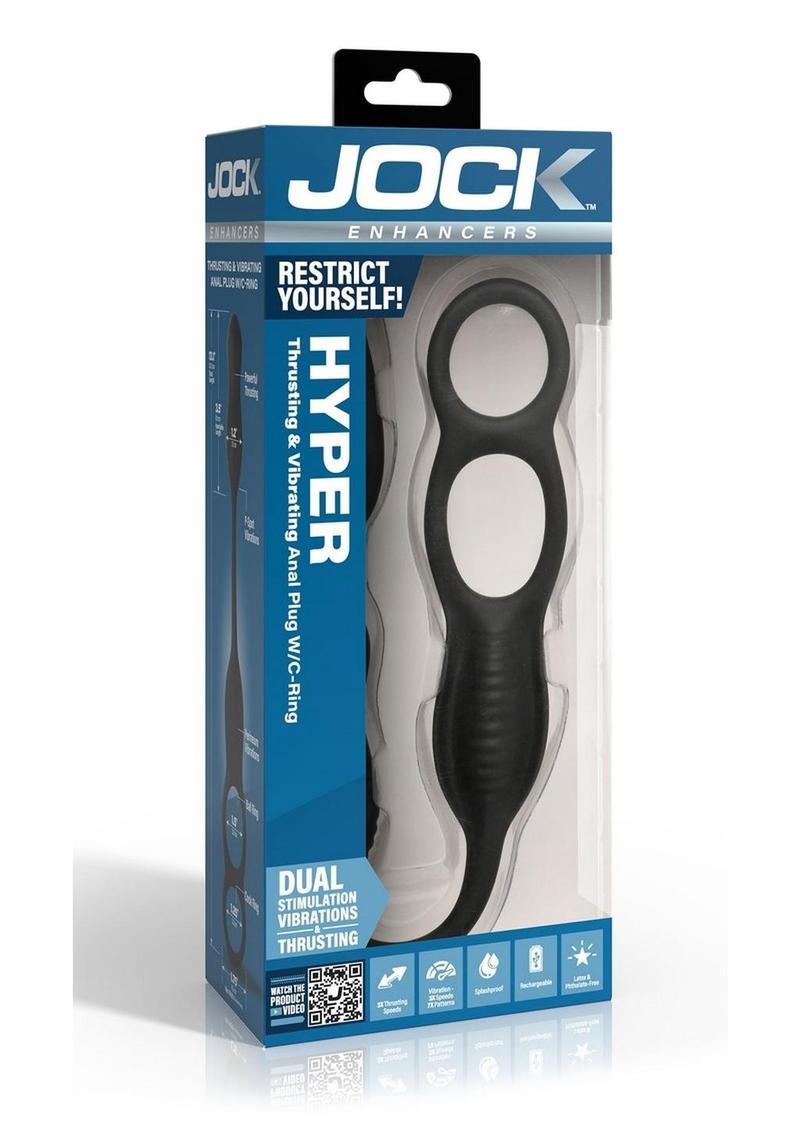 Jock Hyper Thrusting and Vibrating Rechargeable Silicone Anal Plug with C-Ring - Black