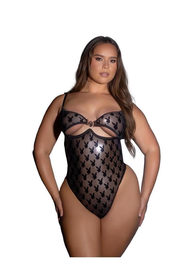 Playboy Shimmer Bunny Teddy - 1XLarge - Gray/Black