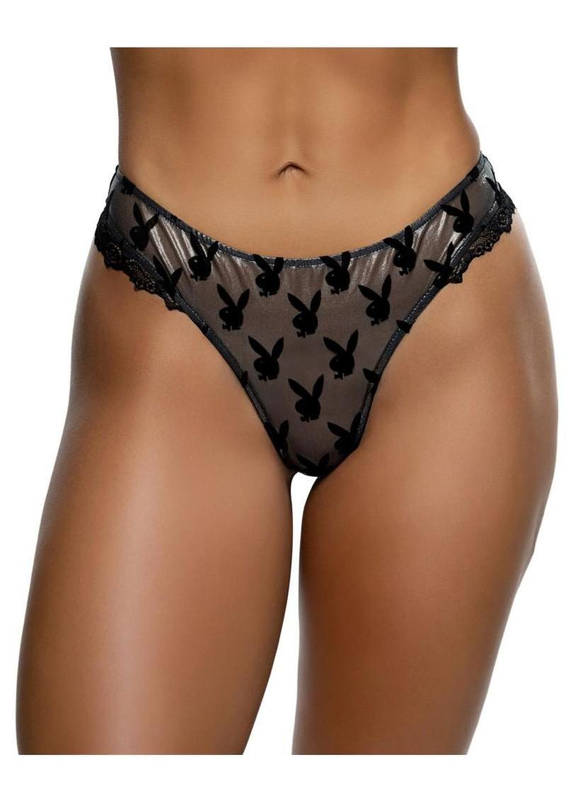 Playboy Shimmer Bunny Thong - Large/XLarge - Black