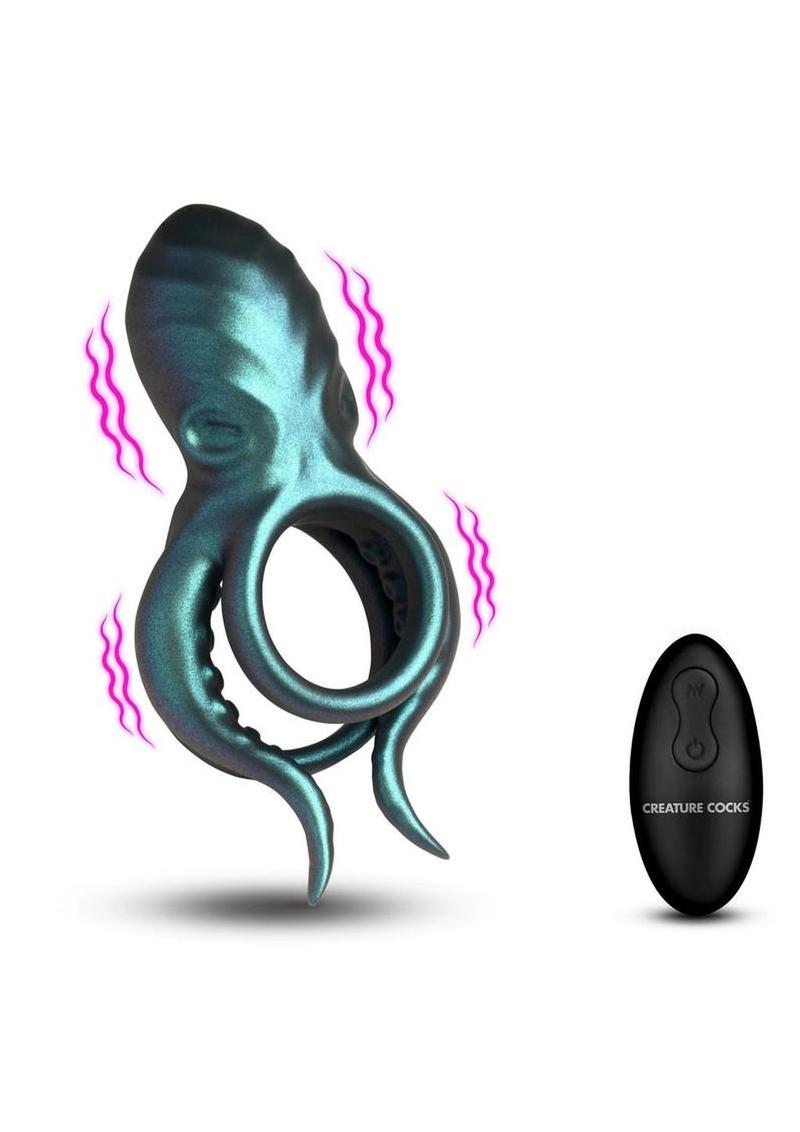 Creature Cocks Octo Grip Vibrating Rechargeable Silicone Cock Ring with Remote – Blue