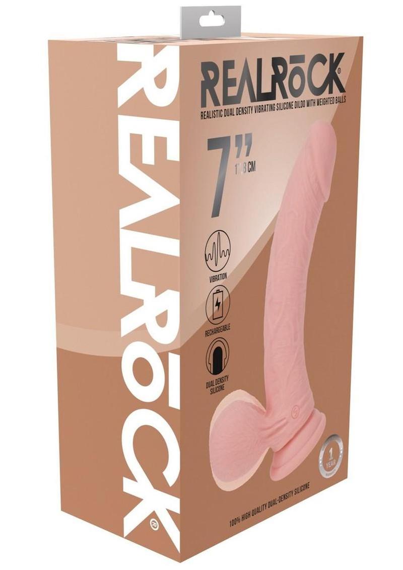 RealRock Rechargeable Silicone Dual Layered Vibrating Curved Dildo with Weighted Balls 7in - Vanilla