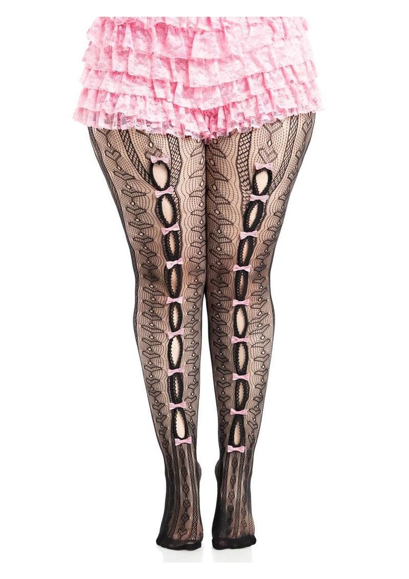 Leg Avenue Sweetheart Striped Net Tights with Keyhole - 1X-2X - Black/Pink
