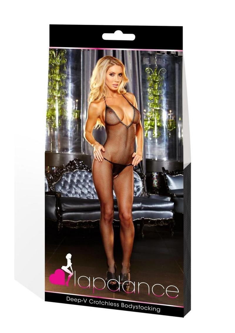 Lapdance Lingerie Deep V Crotchless Bodystocking - OS - Black