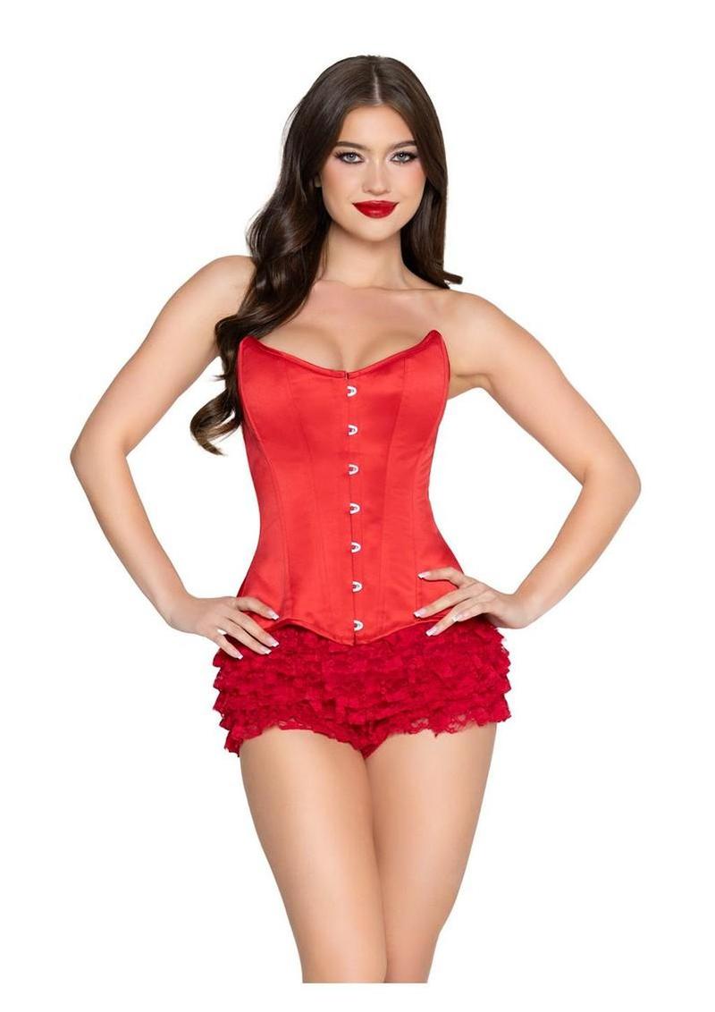 Leg Avenue Steel Boned Satin Corset with Full Busk Closer and Lace-Up Back - Large - Red