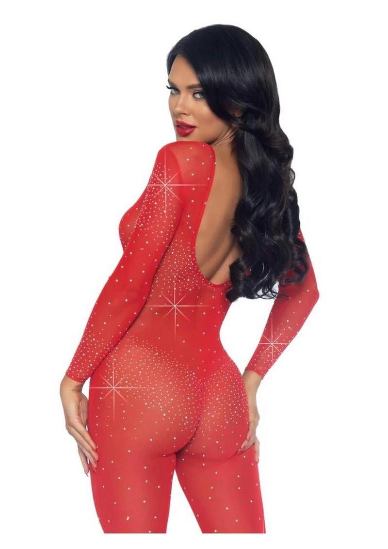 Leg Avenue Sheer Rhinestone Catsuit – Small – Red