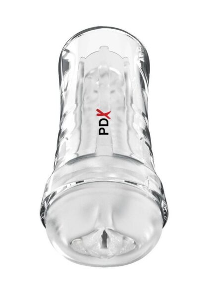 PDX Extreme Wet Pussies Super Luscious Lips Control Freak Self Lubricating Vibrating Stroker with Remote - Pussy - Frost/Clear