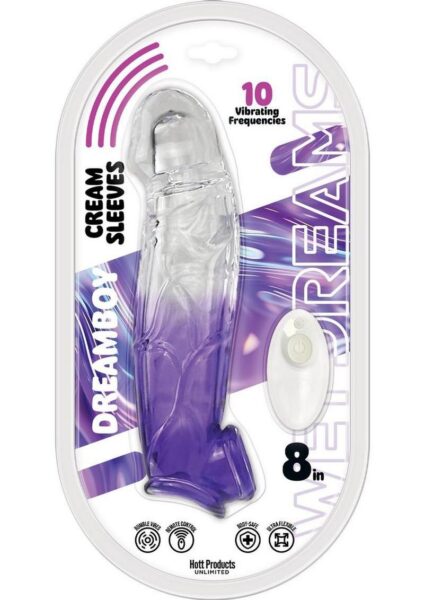 Wet Dreams Dreamboy Cream Sleeves Rechargeable Silicone Vibrating Penis Sleeve 8in - Purple/Clear